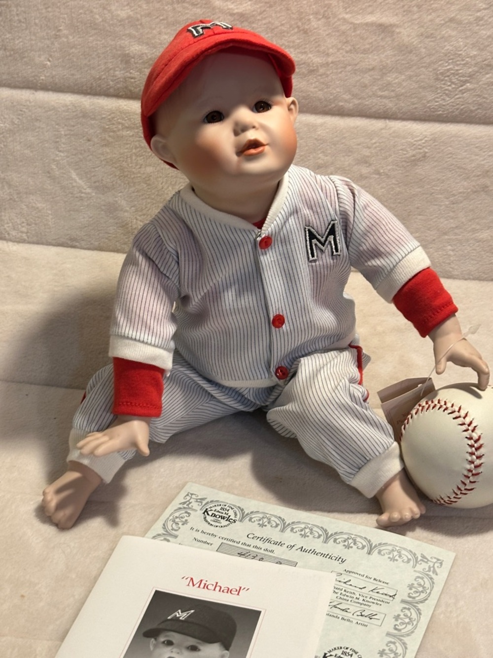 Porcelain baseball baby doll Michael by Knowles